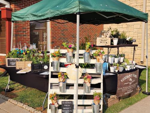 A market stall under a green canopy, featuring potted plants, flowers, and seasonal produce displayed on wooden shelves.