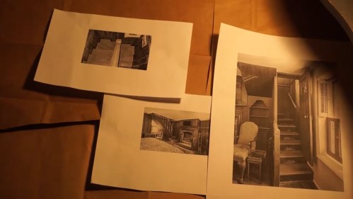 Three printed black-and-white images of interior spaces, including stairs and a living room, on a brown background.