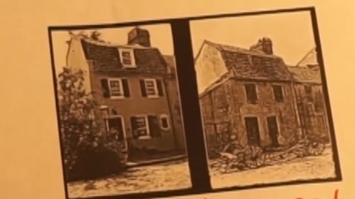 Two historic houses side by side, one well-preserved and the other in a state of disrepair.