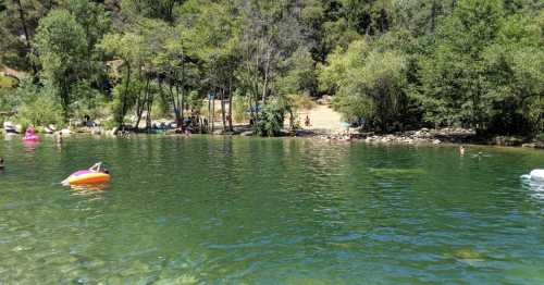 A serene lake scene with people swimming and relaxing on the shore, surrounded by lush green trees.