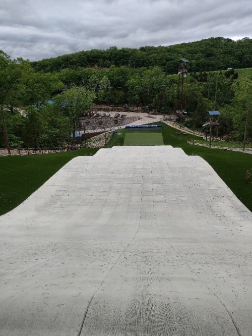 A view of a large, grassy ski slope with a cloudy sky and trees in the background.