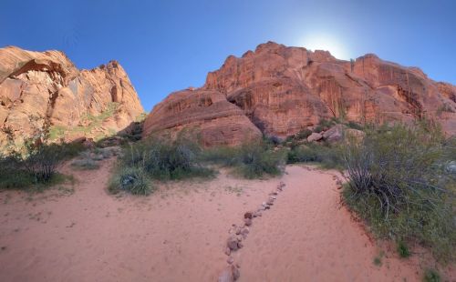 A sandy path leads through desert vegetation towards towering red rock formations under a clear blue sky.