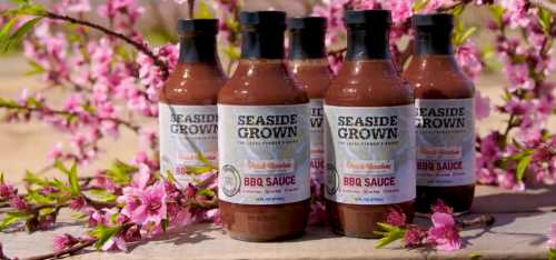 Bottles of Seaside Grown BBQ sauce surrounded by pink cherry blossoms.