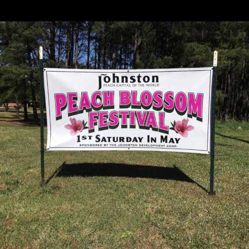 Banner for the Johnston Peach Blossom Festival, held on the first Saturday in May, featuring pink flowers.