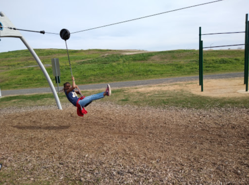 A child swings joyfully on a playground zip line, surrounded by grassy hills and a clear sky.