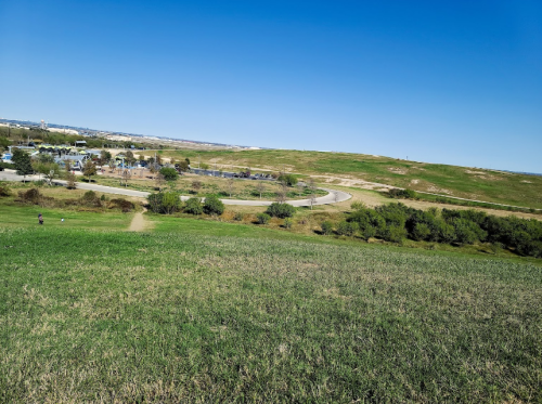 A wide view of a grassy landscape with a winding road and distant hills under a clear blue sky.