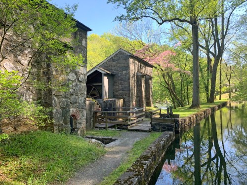 Historic stone buildings beside a calm canal, surrounded by lush greenery and trees under a clear blue sky.