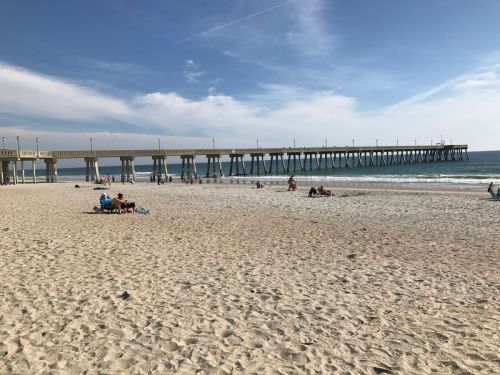 A sandy beach with people relaxing, a pier extending into the ocean, and a clear blue sky in the background.