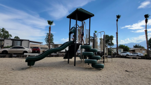 A playground with a slide and climbing structure, surrounded by palm trees and sandy ground, with cars in the background.