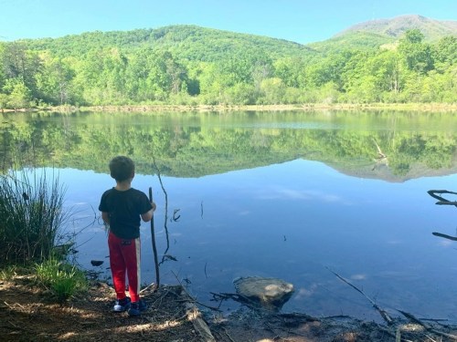 A child stands by a calm lake, holding a stick, surrounded by lush greenery and mountains in the background.