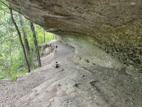 A rocky overhang with a dirt path beneath, surrounded by trees and greenery.