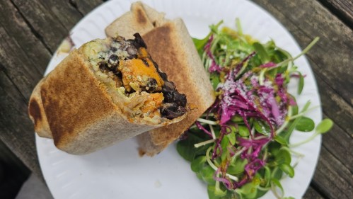 A toasted wrap filled with black beans and sweet potatoes, served with a side salad of mixed greens and purple cabbage.