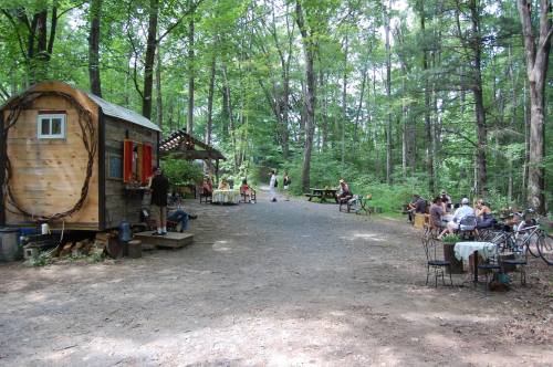 A rustic outdoor gathering spot in a forest, featuring a small cabin, picnic tables, and people enjoying the scenery.