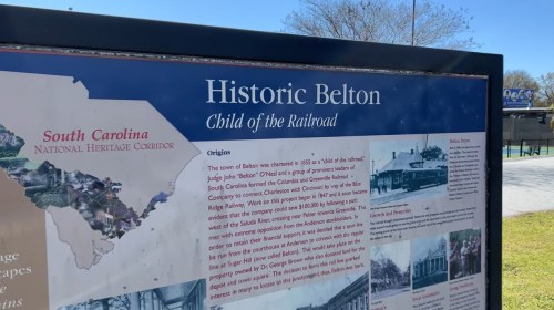 Sign about Historic Belton, South Carolina, detailing its origins and significance as a "Child of the Railroad."