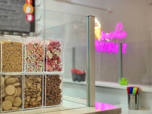 Colorful candy and snacks in clear containers, with a neon "Sundae" sign in the background.