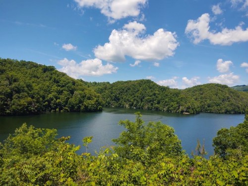 A serene lake surrounded by lush green hills under a bright blue sky with fluffy white clouds.