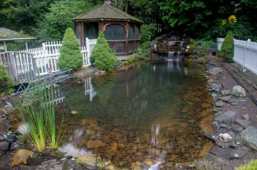 A serene pond with clear water, surrounded by greenery and a gazebo, featuring a small waterfall and decorative rocks.