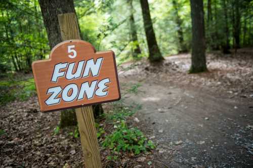 A wooden sign reading "FUN ZONE" stands beside a forest path surrounded by trees and fallen leaves.