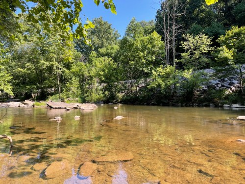 A serene river scene surrounded by lush green trees and rocky banks under a clear blue sky.