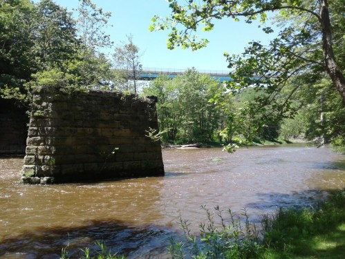 A river flows past a moss-covered stone pillar, surrounded by lush greenery and a bridge in the background.