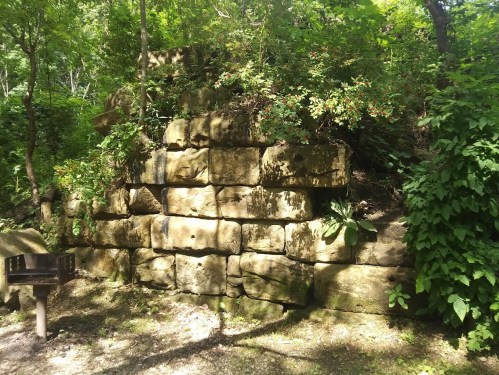 Overgrown stone ruins surrounded by lush greenery in a wooded area. A small grill is visible in the foreground.