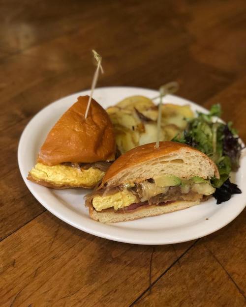 A plate with two egg sandwiches on a toasted bun, served with fries and a side salad.