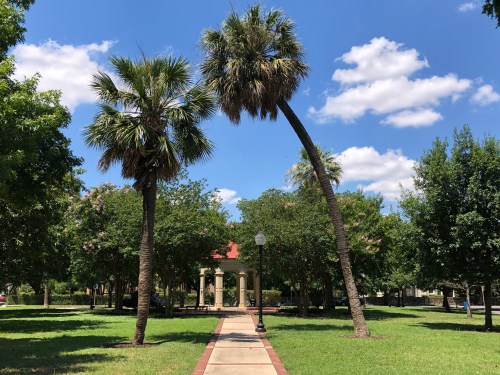A sunny park scene featuring two palm trees, a pathway, and a gazebo surrounded by lush greenery and blue skies.