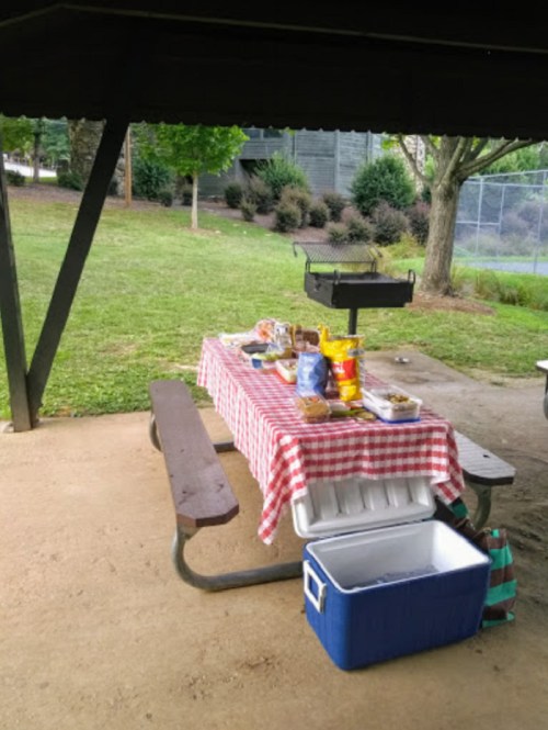 A picnic table with a red checkered tablecloth, food items, and a grill under a shelter in a park.