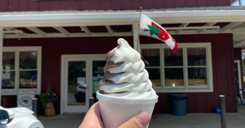 A hand holds a swirl of chocolate and vanilla soft serve ice cream in front of a red building with a flag.