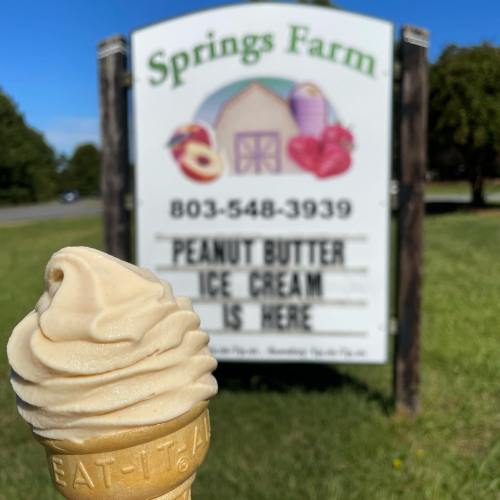 A soft-serve peanut butter ice cream cone in front of a farm sign announcing ice cream availability.