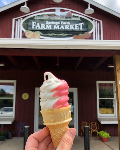 A hand holds a soft-serve ice cream cone in front of a red farm market building with a sign.