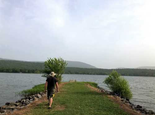 A person walks along a narrow path by a lake, surrounded by greenery and mountains in the background.