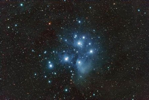 A star cluster in a dark sky, featuring bright stars scattered among a backdrop of distant galaxies and cosmic dust.