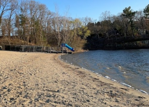 A sandy beach with a blue slide near the water, surrounded by trees and a calm lake under a clear sky.