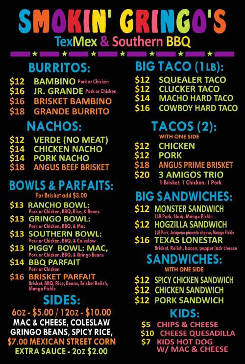 Menu for Smokin' Gringo's featuring Tex-Mex and Southern BBQ dishes, including burritos, tacos, nachos, and sandwiches.