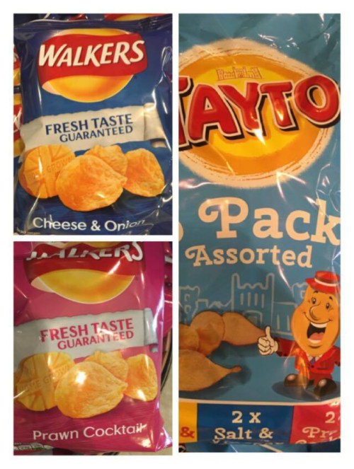 Three snack bags: Walkers Cheese & Onion, Walkers Prawn Cocktail, and Tayto Assorted Pack with various flavors.
