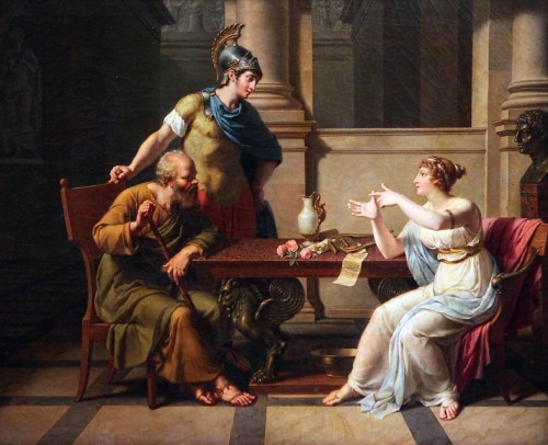A historical scene depicting a philosopher, a warrior, and a woman engaged in conversation around a table.