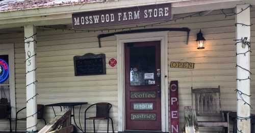 Front view of Mosswood Farm Store with a welcoming sign, outdoor seating, and a cozy, rustic atmosphere.