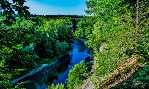 A serene river flows through a lush green landscape, surrounded by trees under a clear blue sky.