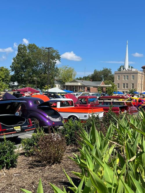 A vibrant car show featuring classic vehicles in various colors, set against a clear blue sky and green foliage.
