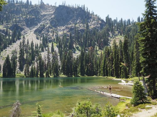 A serene lake surrounded by tall trees and mountains, with a person walking along a wooden path by the water's edge.