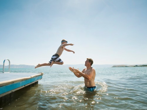 A boy jumps off a dock into the water, while a man stands in the water, ready to catch him. Bright sunny day.