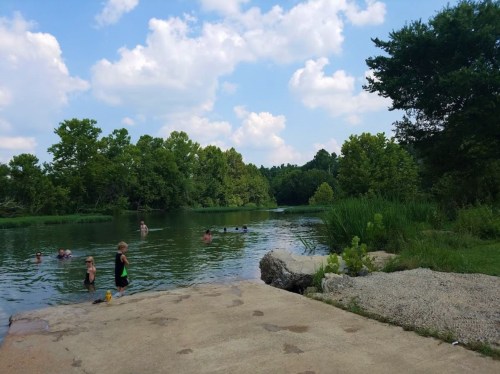 A serene river scene with people swimming and playing, surrounded by lush greenery and a blue sky with clouds.
