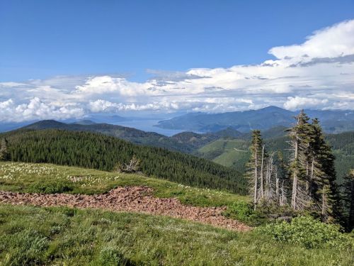 A scenic view of mountains and a lake under a blue sky with clouds, surrounded by lush greenery and trees.
