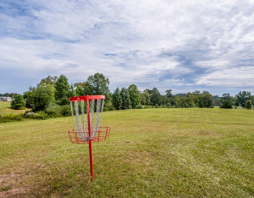 A red disc golf basket stands on a grassy field under a cloudy sky, surrounded by trees.