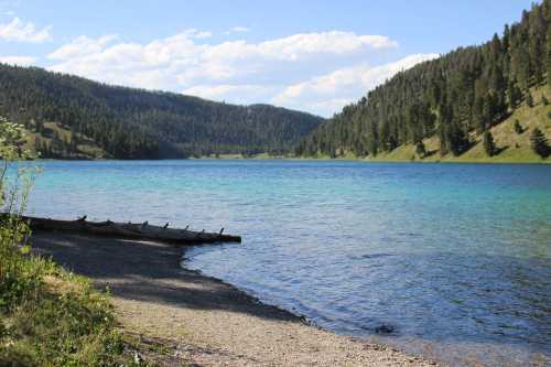 A serene lake surrounded by green hills and trees, with clear blue water under a bright sky.