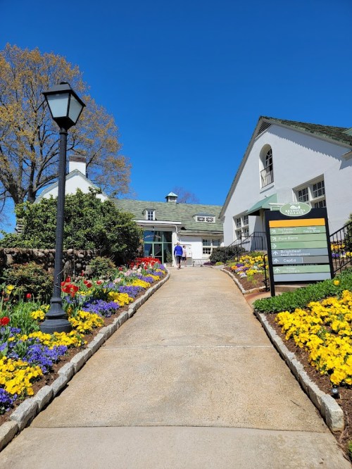 A pathway lined with colorful flowers leads to a building under a clear blue sky. A person walks towards the entrance.