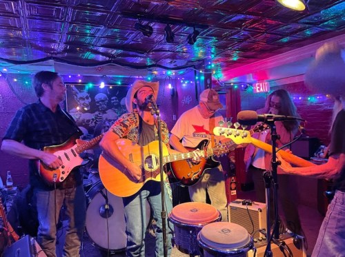 A lively band performs on stage in a colorful, dimly lit venue with string lights and a vibrant atmosphere.