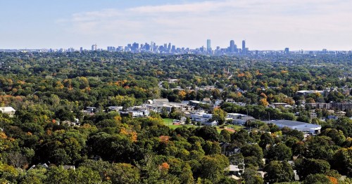 A panoramic view of a city skyline surrounded by lush green trees and colorful autumn foliage.