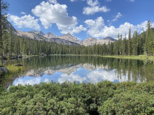 A serene lake surrounded by tall trees and mountains, reflecting clouds and blue sky in calm waters.
